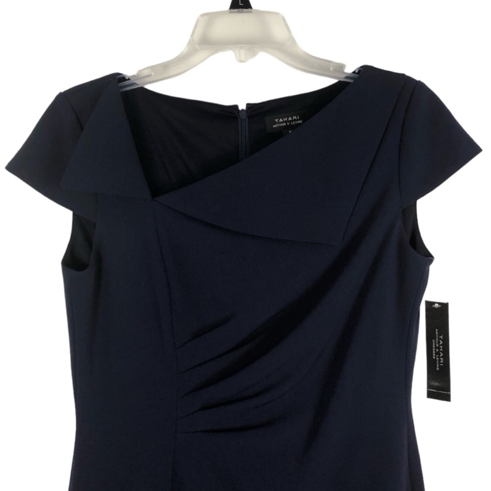Tahari ASL Navy Asymmetric Collared Sheath Dress 6 - Picture 7 of 16